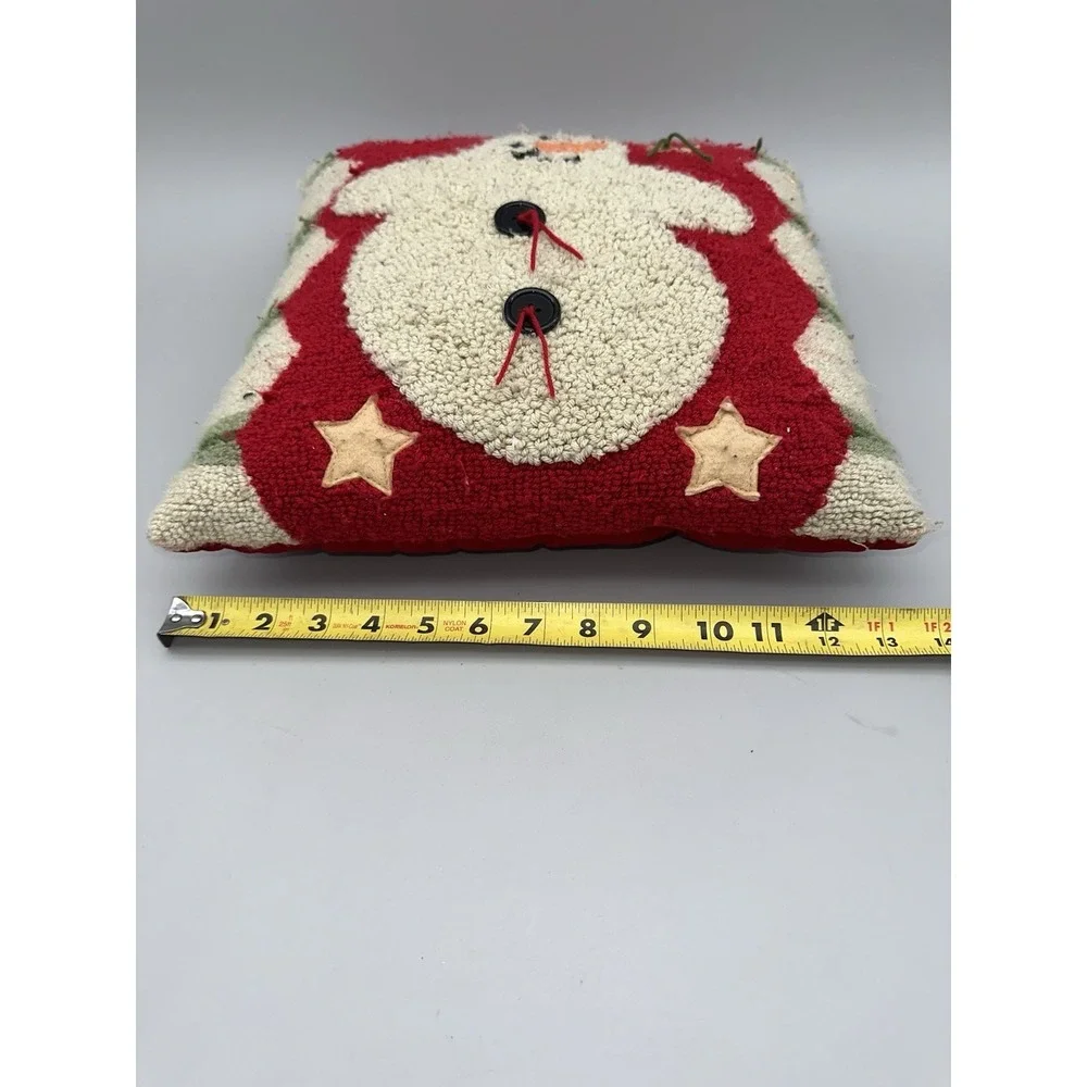 Vintage Snowman Hooked Pillow Christmas Decor Folk Art Velvet Back 12